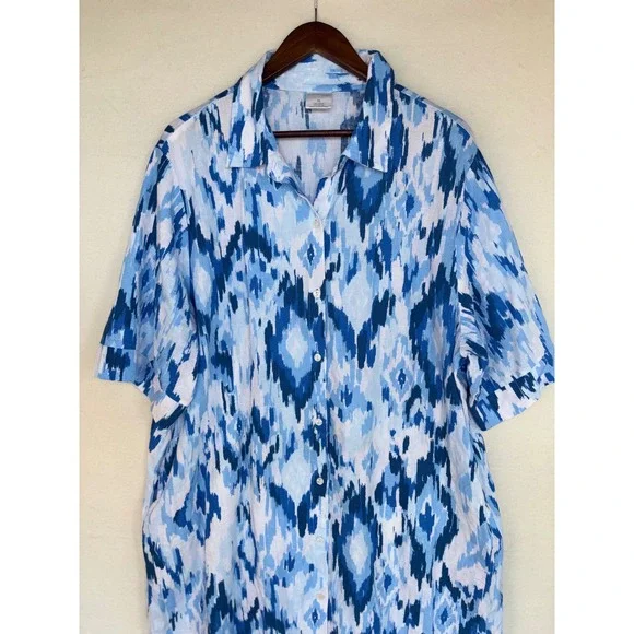 NOTTIBIANCHE Linen Shirt Dress Caftan Midi Maxi Button Lagenlook Blue Ikat 1X - Picture 6 of 9